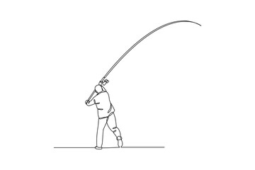 Obraz premium Simple continuous line drawing side view of man cast a fishing rod. On white background fisherman. Isolated silhouette of a fisherman.