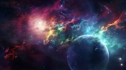 Colourful space starfield nebula and planet - obrazy, fototapety, plakaty