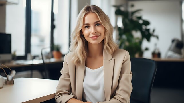 Successful Businesswoman in Office: Portrait of a Beautiful Happy Woman Looking at the Camera While Sitting at her Desk