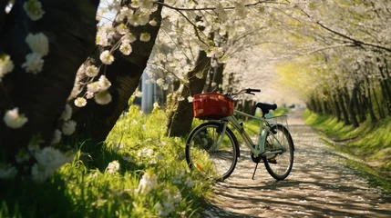 Papier Peint photo Lavable Vélo Enjoy a warm sunny spring day with a bike tour through lovely green spring flower covered landscape where everything is full of colorful life and butterfly and bees are around you