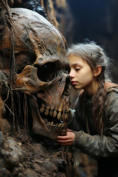 Captivating image of a young girl tenderly embracing a giant skull.