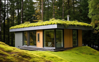 A cozy modern design green house roofed with moss to insulate heat
