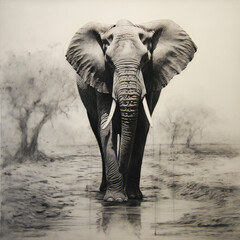 majestic elephant walking towards the camera, monochrome etching