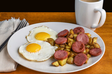 breakfast plate  of fried eggs , home frie and kielbasa