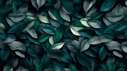 Colorful leaves 3d shape texture background. Teal, emerald and graystone color palette - obrazy, fototapety, plakaty
