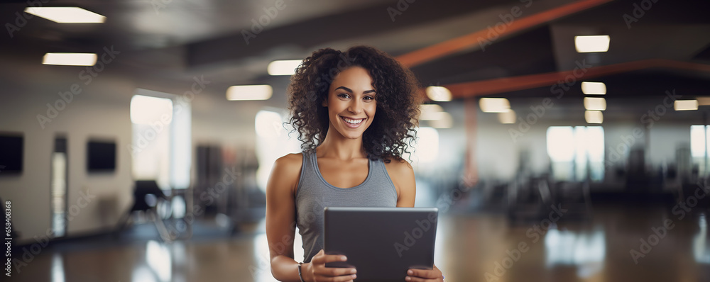 Wall mural Positive pretty girl with an athletic figure holding tablet computer. Healthy lifestyle and fitness concept. Copy space	