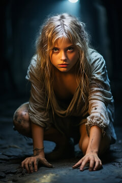 Dramatic image of a distressed, captured young woman crouched in a dirty dungeon with a ray of light.