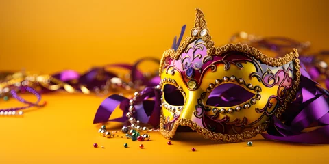 Gardinen Colorful traditional venetian or mardi gras carnival mask with decoration for national festival celebration on yellow background with copy space. © AnaWein