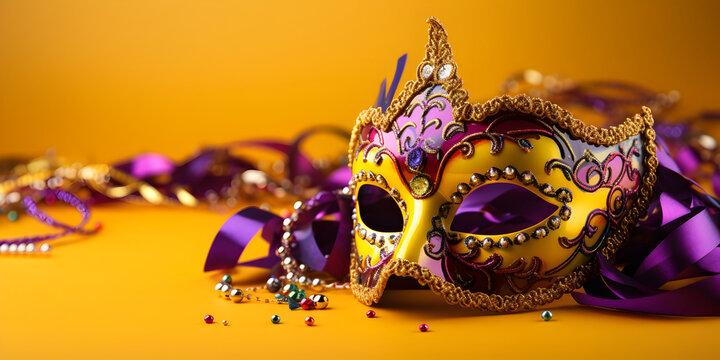 Colorful traditional venetian or mardi gras carnival mask with decoration for national festival celebration on yellow background with copy space.