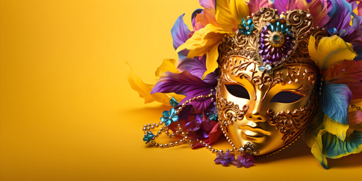 Colorful traditional venetian or mardi gras carnival mask with decoration for national festival celebration on yellow background.