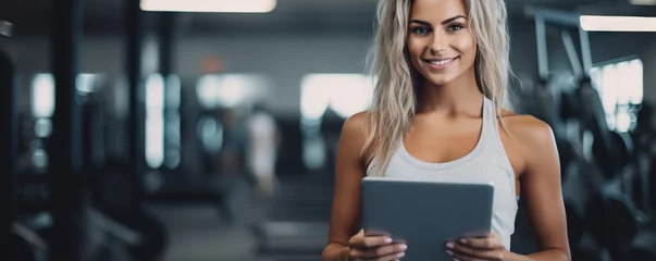Foto op Aluminium Positive pretty girl with an athletic figure holding tablet computer. Healthy lifestyle and fitness concept. Copy space  © Yeti Studio