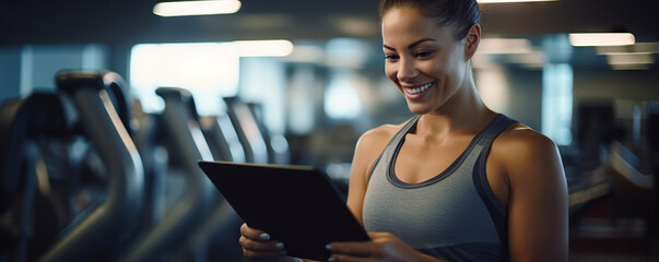 Positive pretty girl with an athletic figure holding tablet computer. Healthy lifestyle and fitness concept. Copy space	 - obrazy, fototapety, plakaty