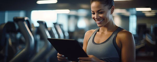 Fototapeten Positive pretty girl with an athletic figure holding tablet computer. Healthy lifestyle and fitness concept. Copy space  © Yeti Studio