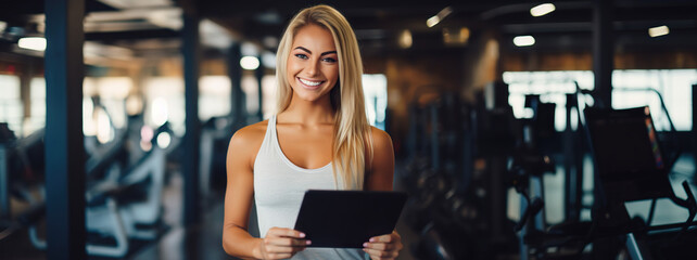 Naklejka premium Positive pretty girl with an athletic figure holding tablet computer. Healthy lifestyle and fitness concept. Copy space 