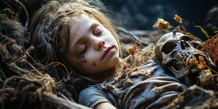 Mysterious image of a little girl slumbering in a gloomy tomb.