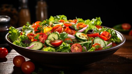 A bowl of fresh salad with lettuce, tomatoes, and a variety of veggies.