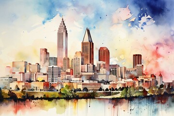 Atlanta skyline artwork in watercolor. Generative AI