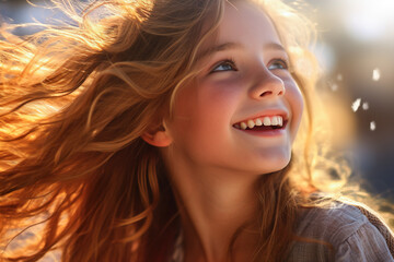 Fototapeta premium Portrait of a smiling girl with blond hair flowing in the wind under the sunlight.