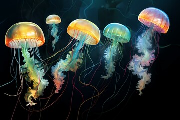 Different colored and sized jellyfish, yellow, blue, green and yellow. Generative AI