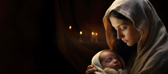 Portrait of Mary with Baby Jesus, Blurred Background with Copy Space © fotoyou