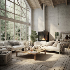 Modern living room with high ceiling, glazing with view to the forest and fireplace having pal decor and scandinavian architectural design. - obrazy, fototapety, plakaty