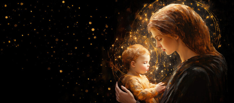 Mary with Baby Jesus Painting with Golden Lights and Sparkles on Black Background Copy Space