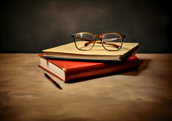 A pair of glasses with a book pen on top of it illustrated on a white background.