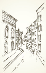 Street canal in Venice. Vector drawing