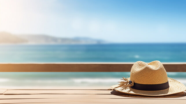 Straw hat on the table with sea view, holiday concept and copy space 