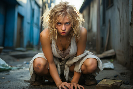 Thrilling portrait of a deranged blonde teen in white murderer costume, exuding psychotic allure.