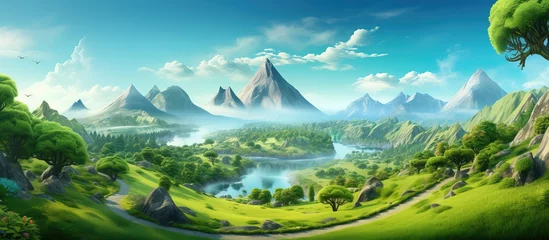 Foto op Canvas Illustration of a green forest highway in a floating isolated land with a beautiful landscape including mountains a volcano trees and animals as well as a realistic road waterfall and grass © AkuAku