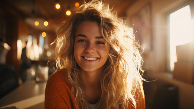 Portrait of a happy girl on a blurred background, beautiful lighting.