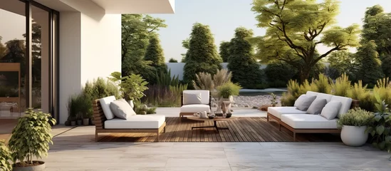 Poster de jardin Jardin Spacious house terrace with modern garden furniture area