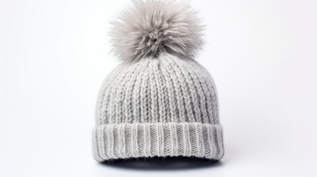 dark Winter Pom Pom Knit Hat Isolated On White Background. Warm Unisex Gray-White Woolen Knitted Cap with Big Pom Pom. Nature Wool.Close-up Side View