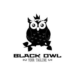 Black minimalistic owl in crown on branch. Logotype with text black owl your tagline on white background. Vector illustration