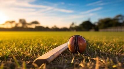 A view of a cricket bat and ball on a cricket field. - obrazy, fototapety, plakaty