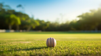 A view of a cricket bat and ball on a cricket field. - obrazy, fototapety, plakaty