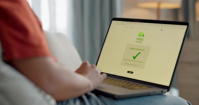 Hands, sofa and laptop screen for food delivery, restaurant menu and online shopping cart, check mark or choice at home. Person typing on computer e commerce, click and notification of order search