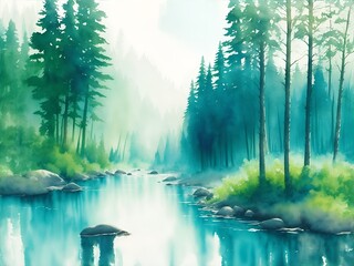 Watercolor landscape, forest river, pine forest, turquoise, warm colors