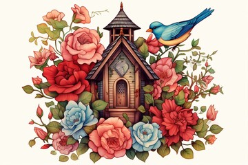 Illustration of a birdhouse covered in roses and flowers. Generative AI - obrazy, fototapety, plakaty