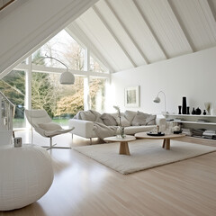 Modern white living room inside a cottage with modern scandinavian architectural design. - obrazy, fototapety, plakaty