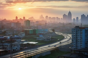 Naklejka na ściany i meble Morning urban landscape in North Korean capital. Generative AI