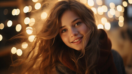 Fototapeta premium Portrait of a happy girl on a blurred background, beautiful lighting.