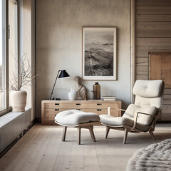Modern living room with pal decor and scandinavian architectural design.