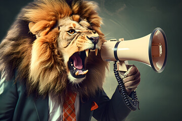 Art collage. A lion with a megaphone. Promotion, action, ad, job questions, discussion. Vacancy. Business concept, communication, information, news, boss, team media relations.
