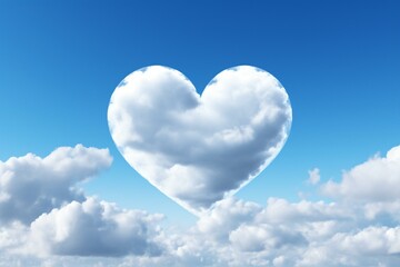 Naklejka na ściany i meble A cloud shaped like a heart in the sky with clouds below, against a blue sky with white clouds. Generative AI