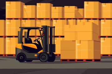 Forklift lifting supplies in storage. Illustration. Generative AI