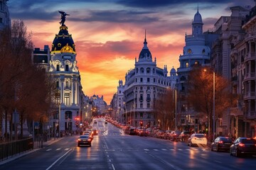 Twilight view of Madrid city skyline from Gran Via street, Spain. Generative AI - obrazy, fototapety, plakaty