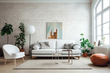 Interior with furnishings on white wall. Generative AI