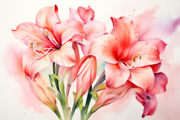 Pink amaryllis flowers, watercolor floral illustration - obrazy, fototapety, plakaty
